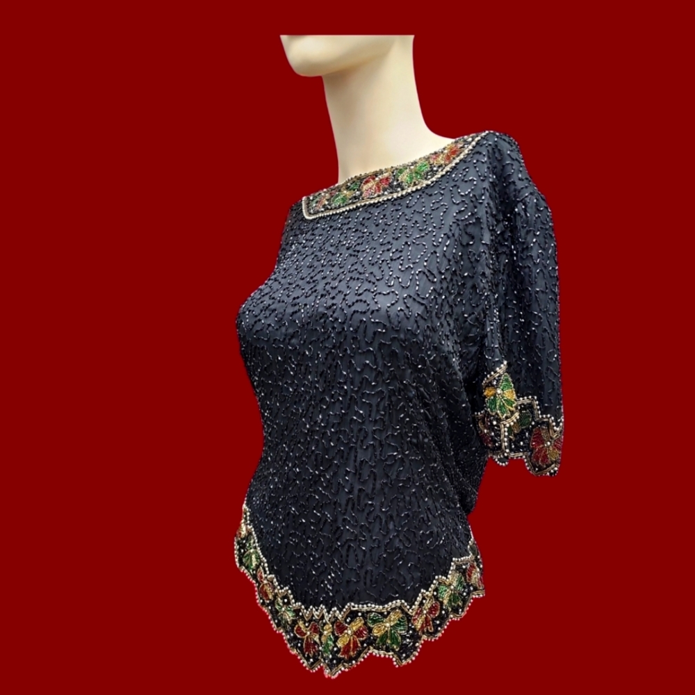 Ladies Elegant Beaded Black Top. Full zip back closure *Festive